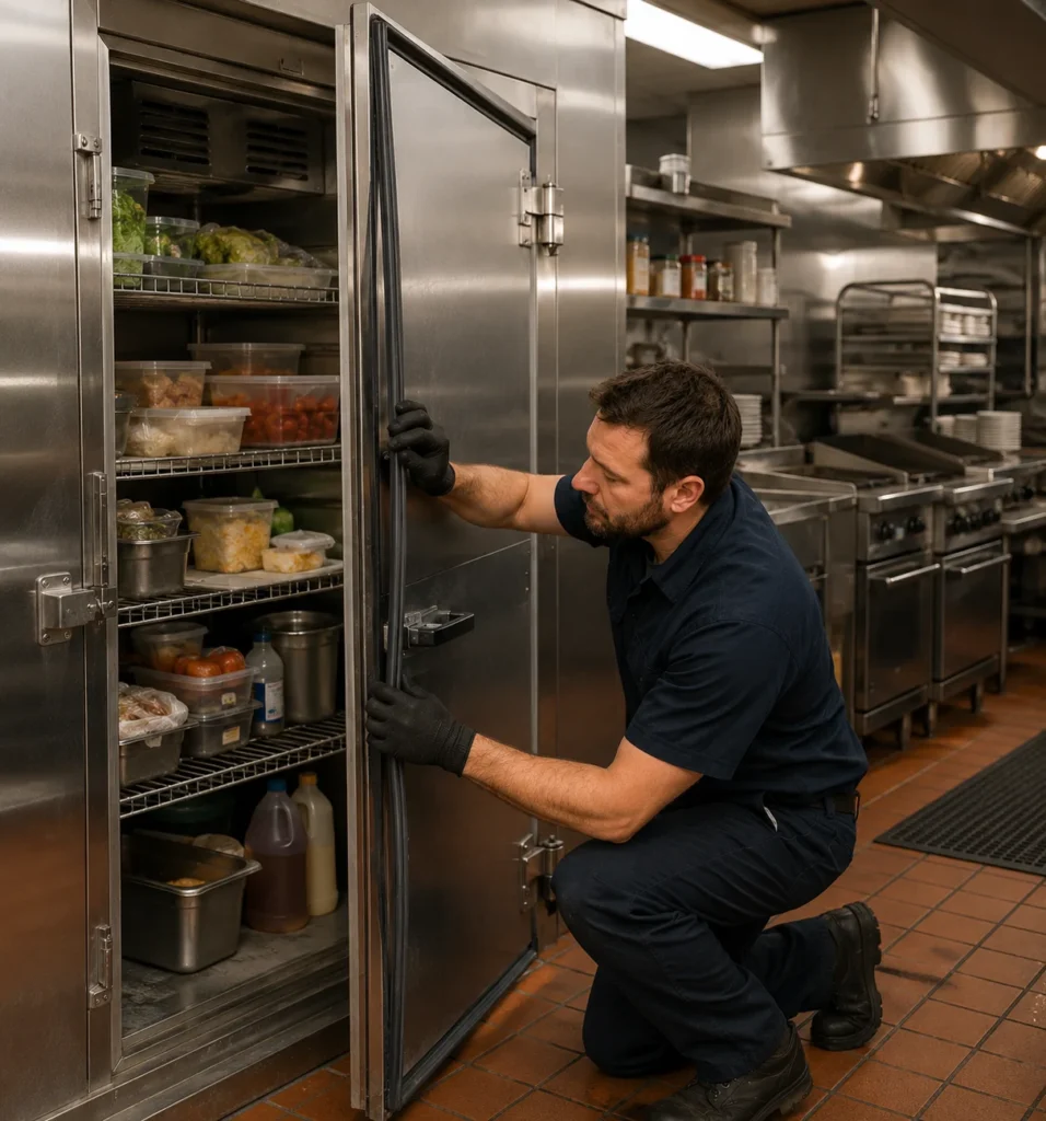 Technician replacing a walk-in cooler door gasket in a commercial kitchen
