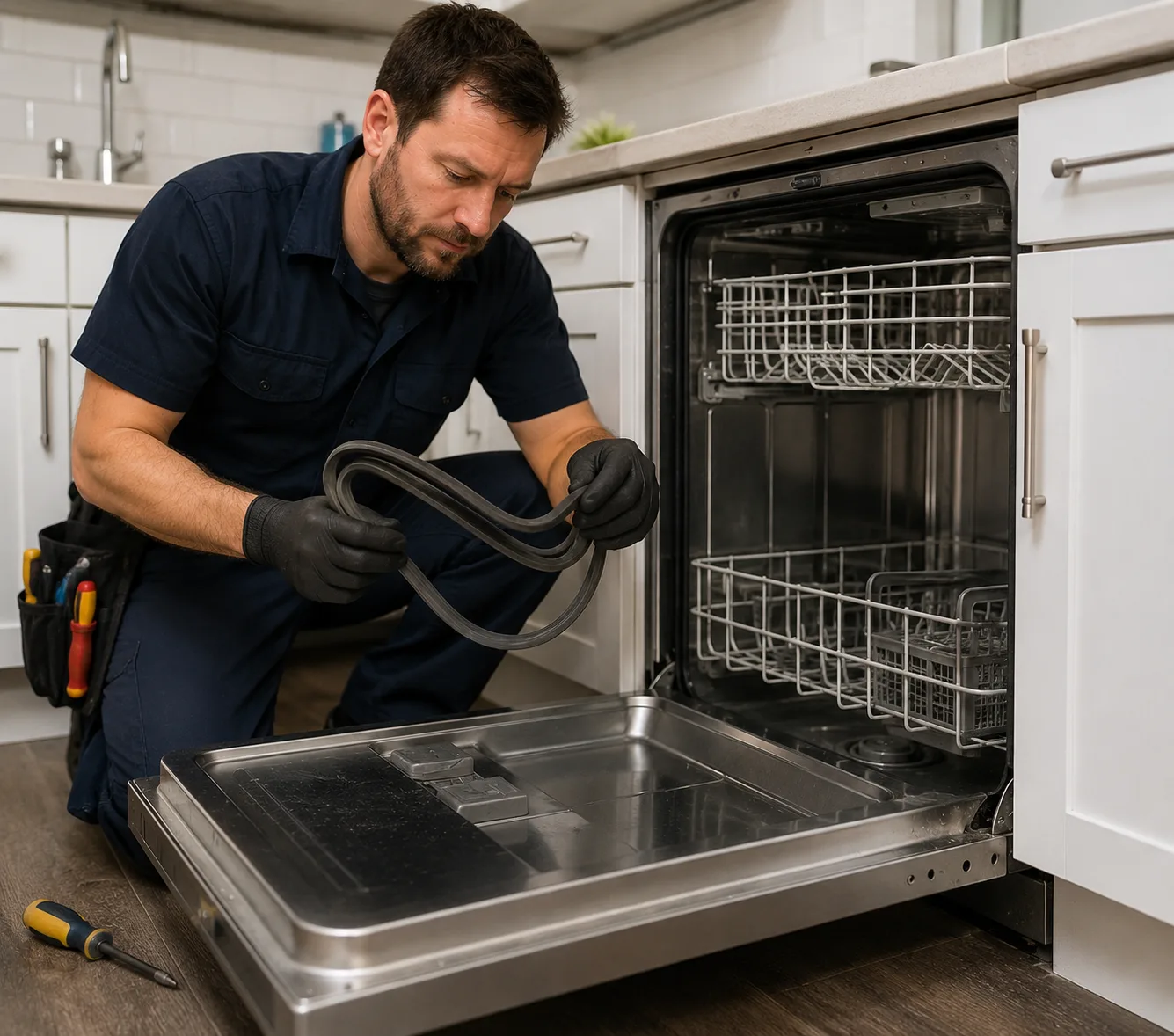 Technician inspecting a dishwasher door gasket during appliance repair