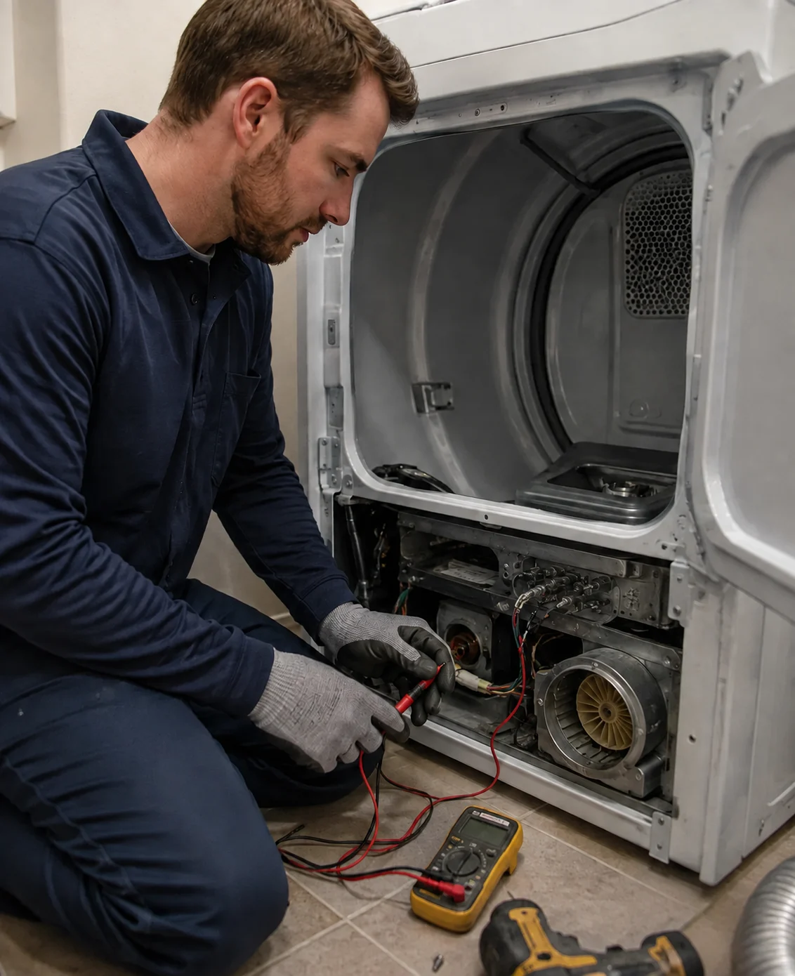 Technician diagnosing a dryer heating problem with a multimeter