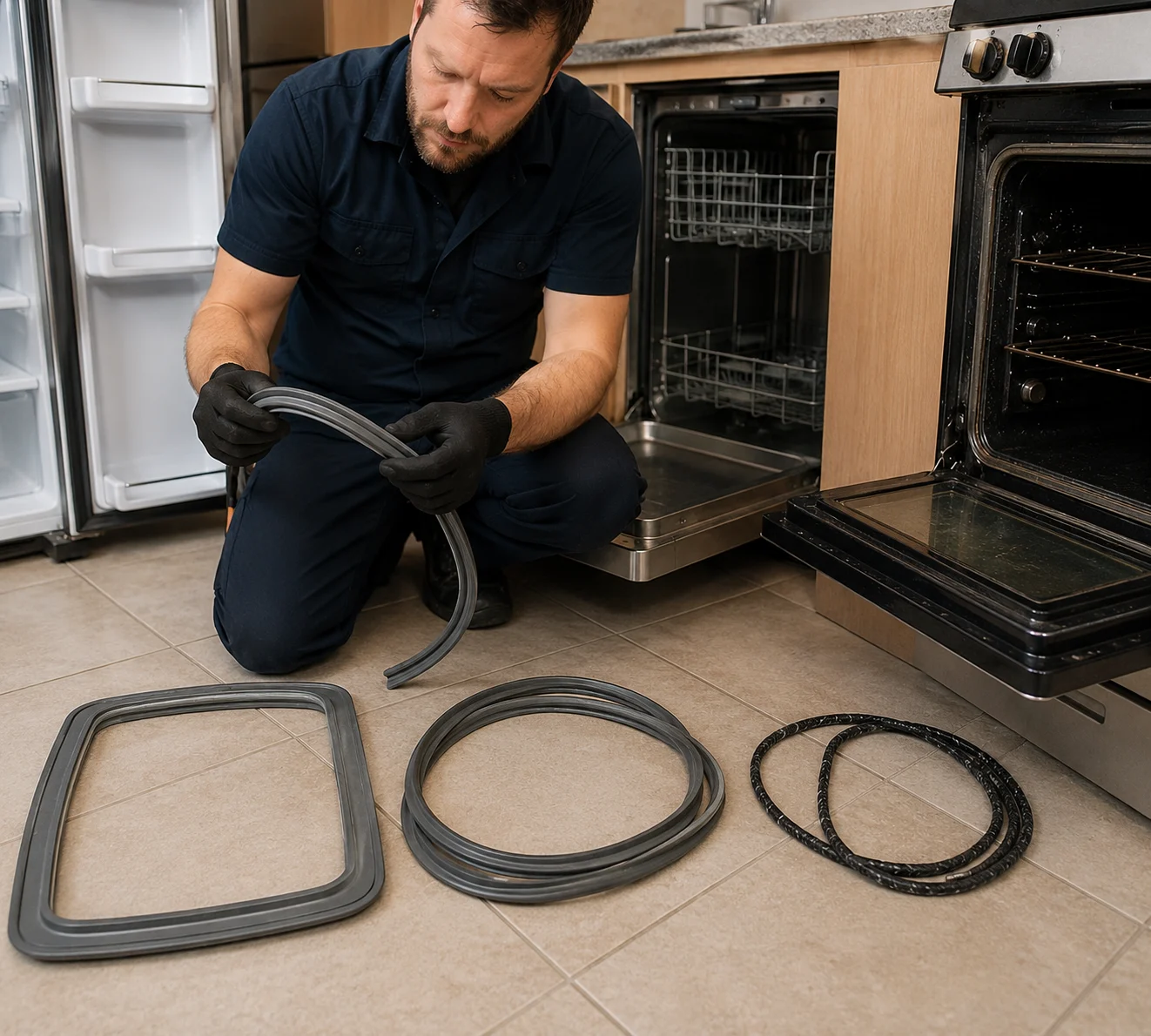 Technician inspecting refrigerator, dishwasher, and oven door seals during appliance repair