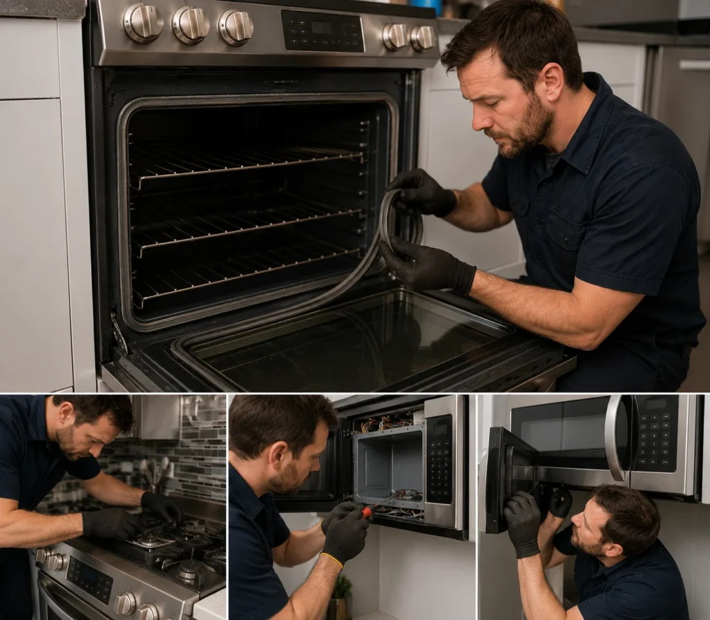 Technician repairing an oven range and microwave during kitchen appliance service