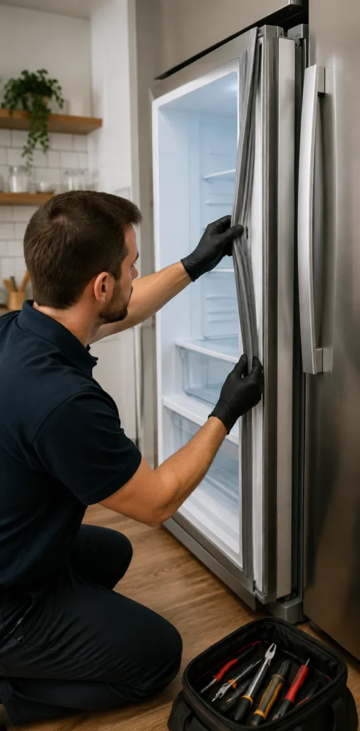 Technician replacing a refrigerator door gasket during appliance repair in the DMV area
