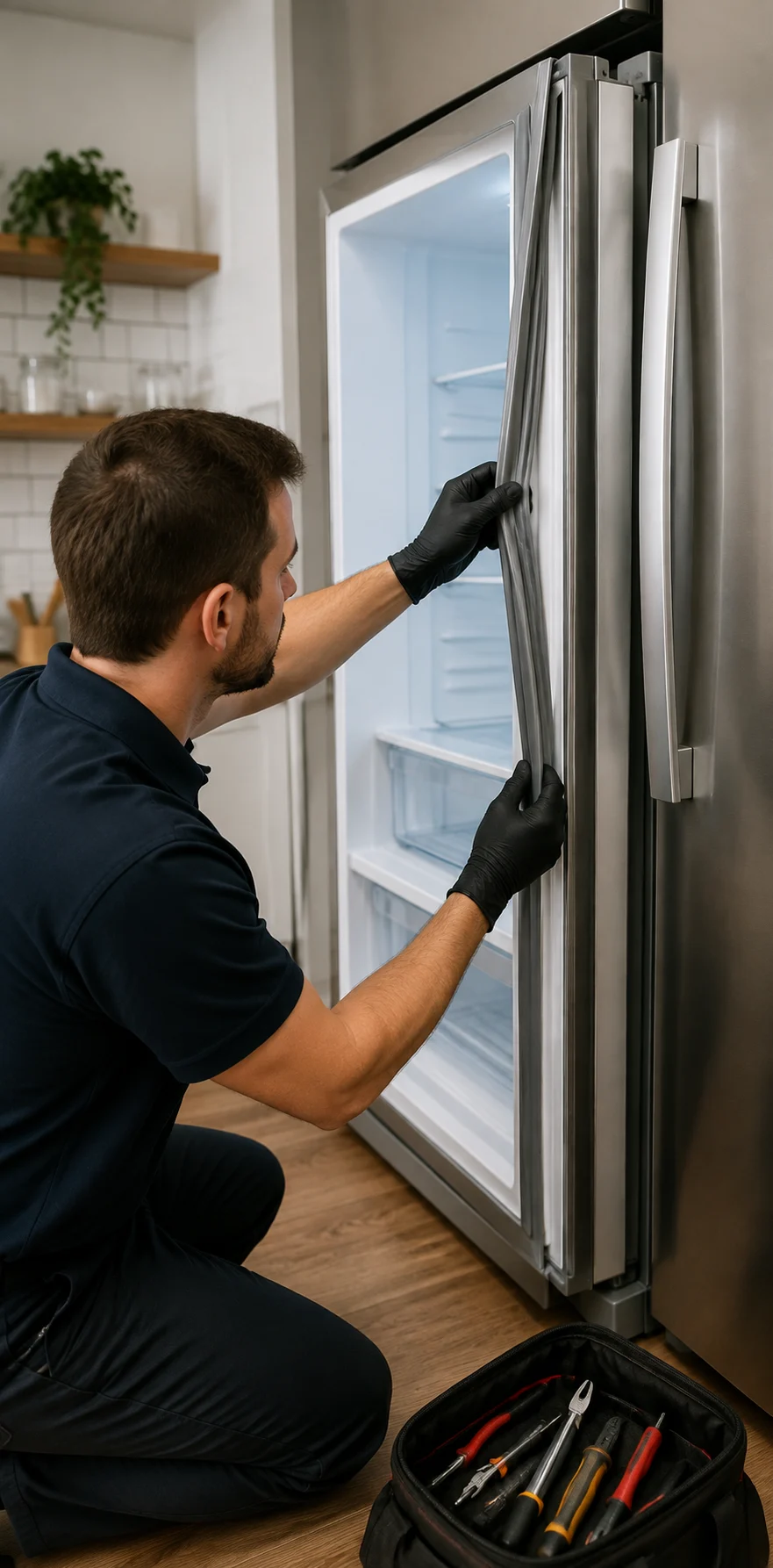 Technician replacing a refrigerator door gasket during appliance repair in the DMV area