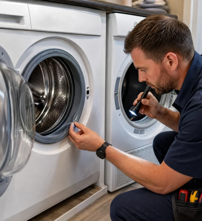 Appliance repair technician inspecting the rubber door seal on a front-loading washing machine