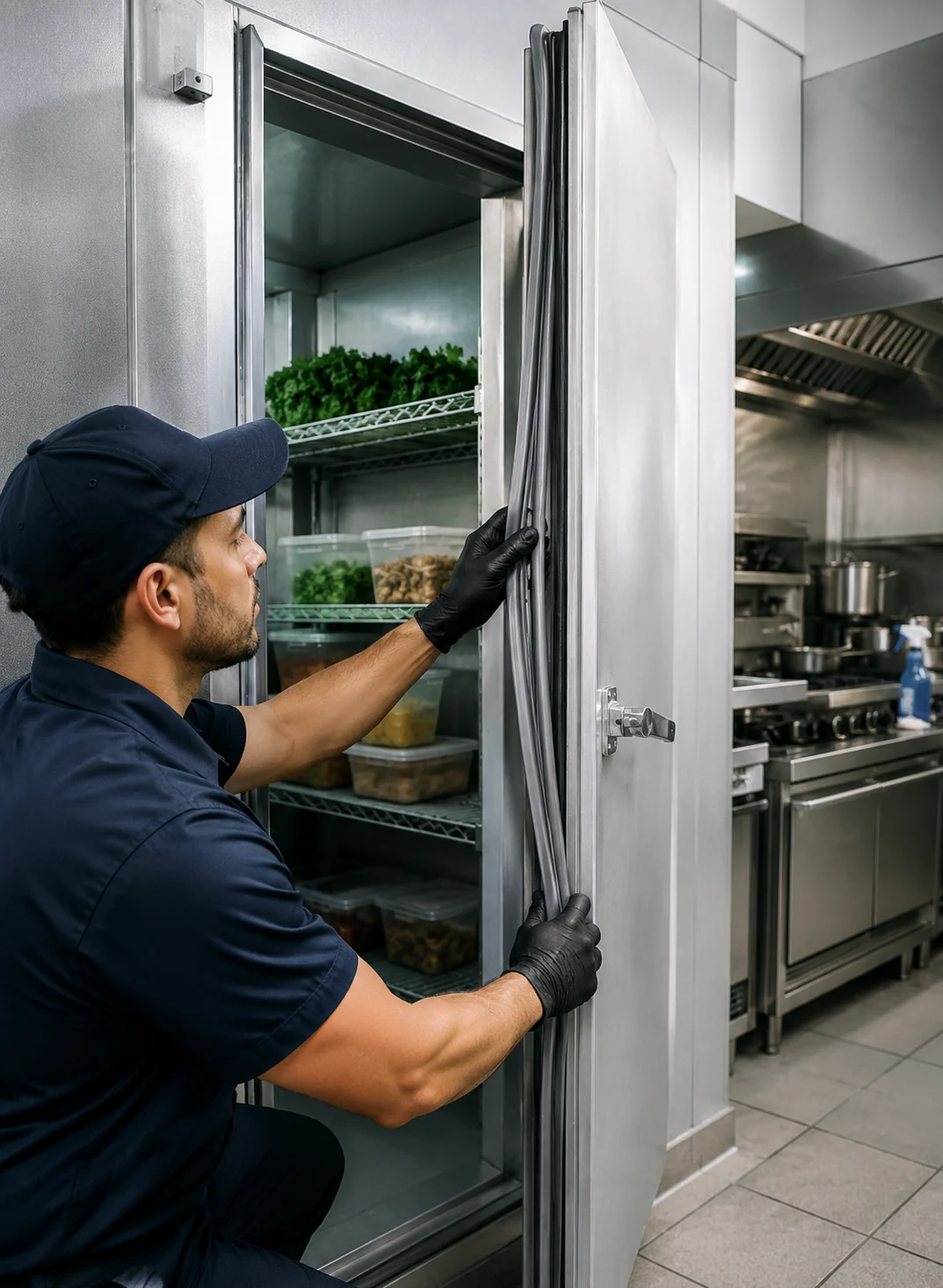 Technician replacing a walk-in cooler door gasket in a commercial kitchen Select 81 more words to run Humanizer.
