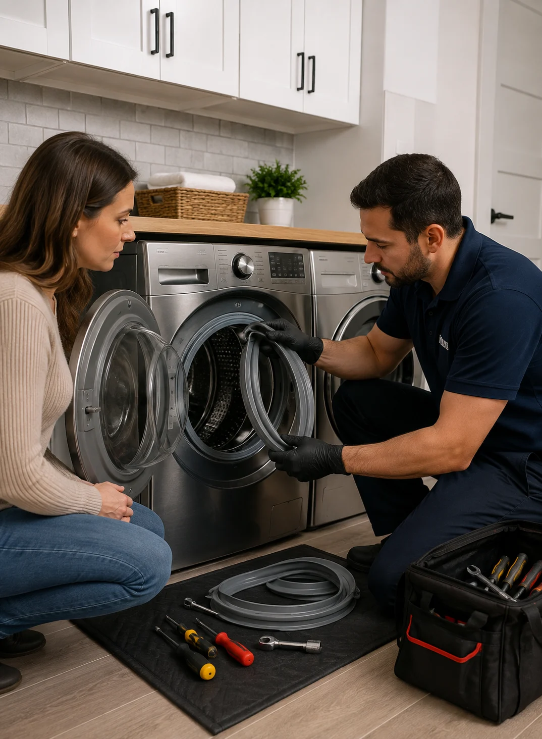 Technician replacing a washing machine door gasket in a DMV home