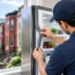 Technician inspecting a refrigerator gasket in a Washington DC rowhouse kitchen
