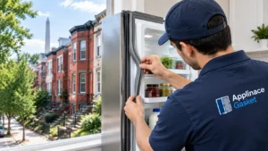Technician inspecting a refrigerator gasket in a Washington DC rowhouse kitchen