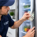 Appliance Gasket technician performing a dollar-bill test on a refrigerator door gasket