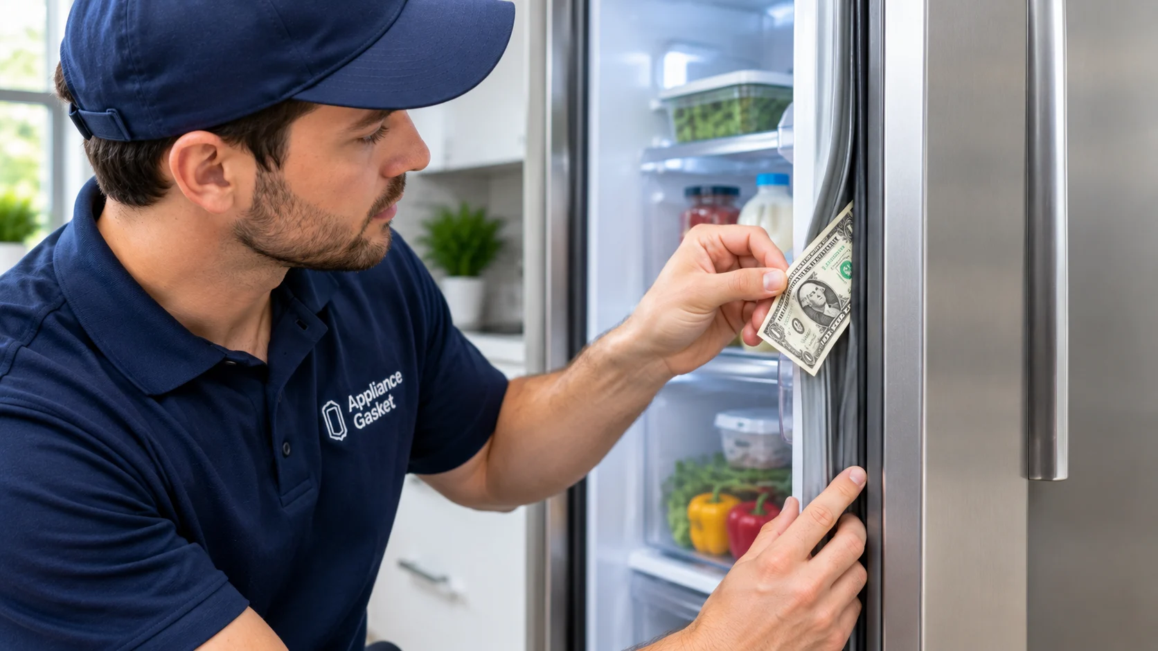 Appliance Gasket technician performing a dollar-bill test on a refrigerator door gasket