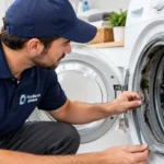 Appliance Gasket technician inspecting a moldy rubber seal on a front-load washing machine