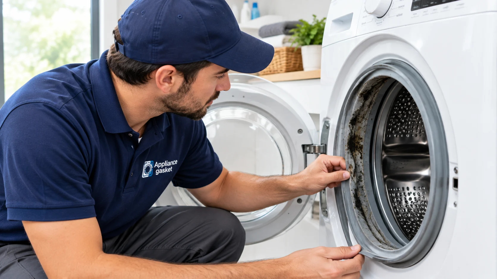 Appliance Gasket technician inspecting a moldy rubber seal on a front-load washing machine
