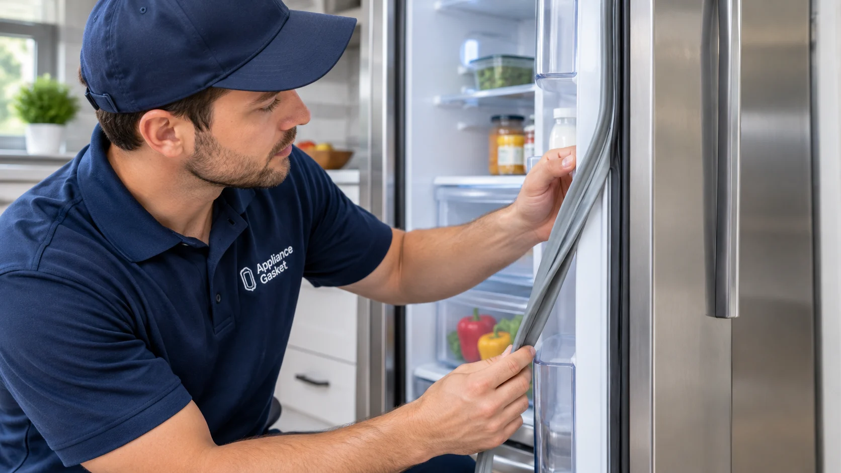 Appliance Gasket technician inspecting a refrigerator door gasket that is not sealing properly