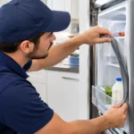 Appliance Gasket technician inspecting a damaged refrigerator door seal in a rental kitchen