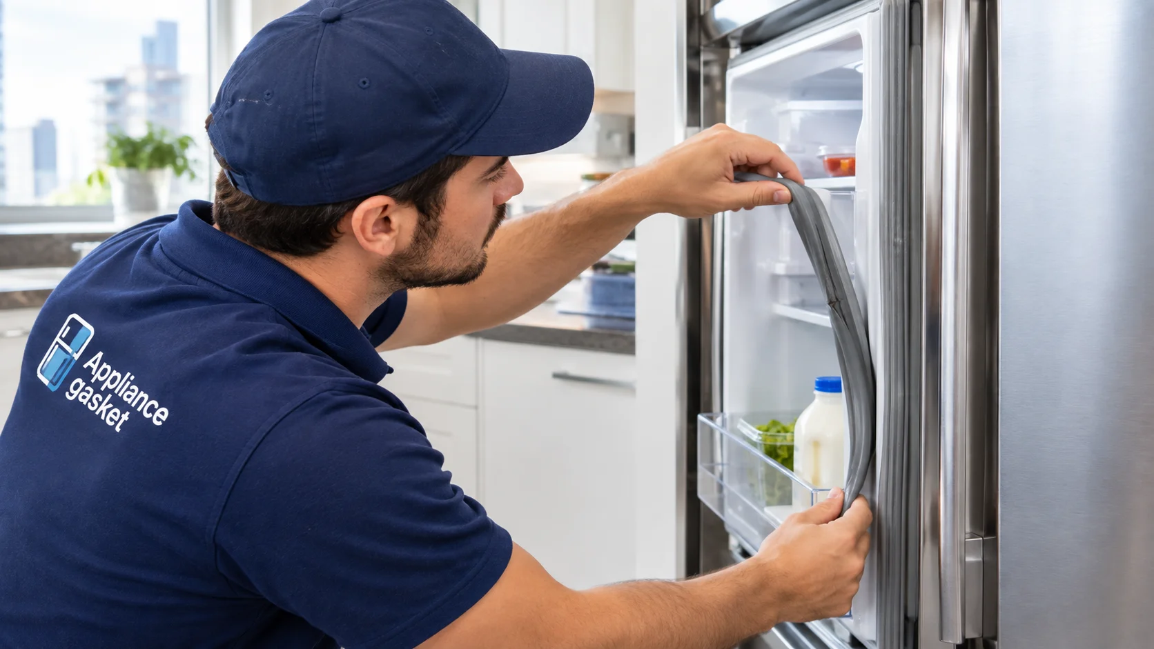 Appliance Gasket technician inspecting a damaged refrigerator door seal in a rental kitchen