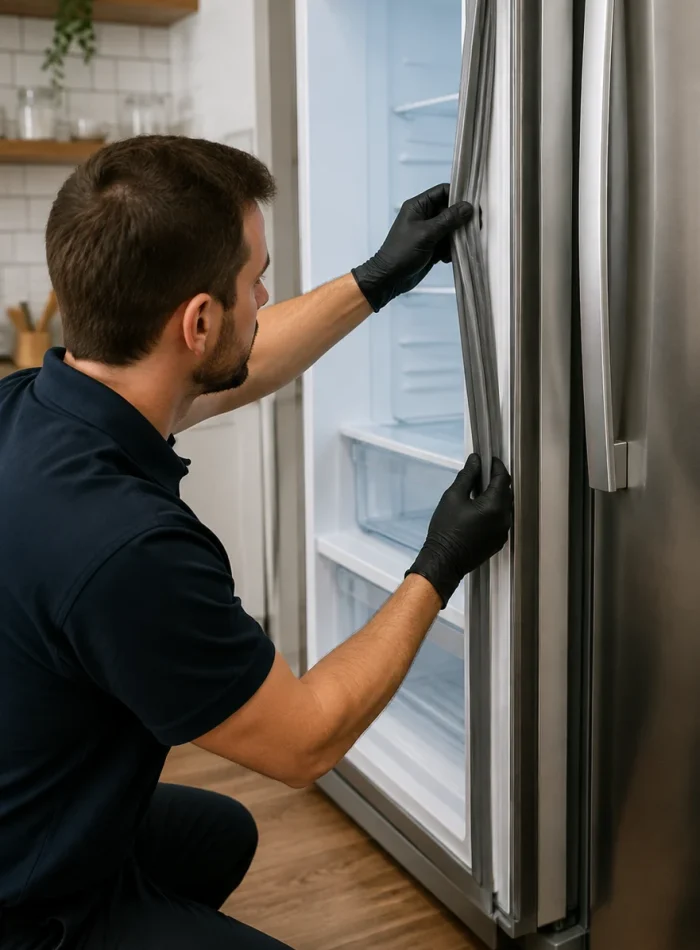 Technician replacing a refrigerator door gasket during appliance repair in the DMV area